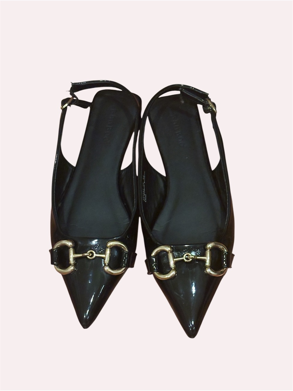 Fashion Nova Black Patent Pointed Slingback Flats Gold Bit Size 6.5, Fits like 7